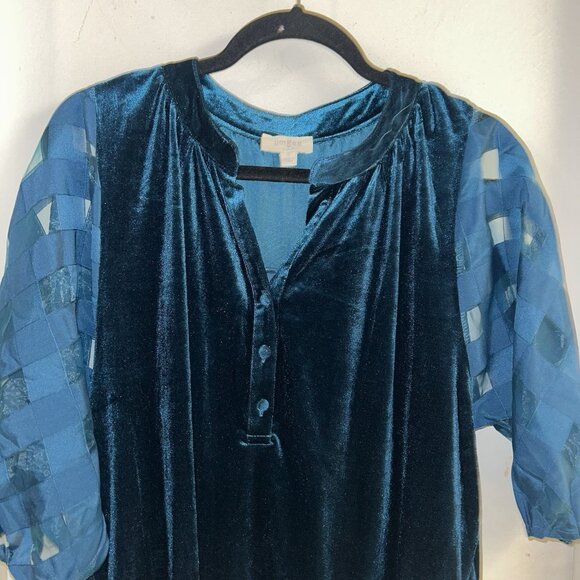 Umgee Teal Velvet V-Neck Small Sheer Puff Sleeve Top Great for the Holidays - Picture 3 of 9